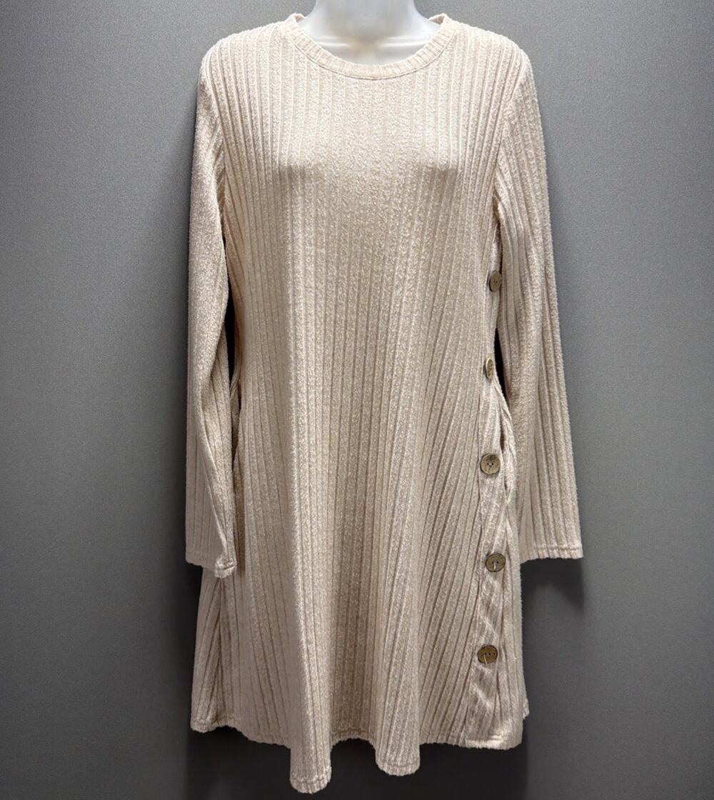 OFEEFAN Women’s Long Sleeve Ribbed Tunic Dress Side Buttons Soft Size Medium